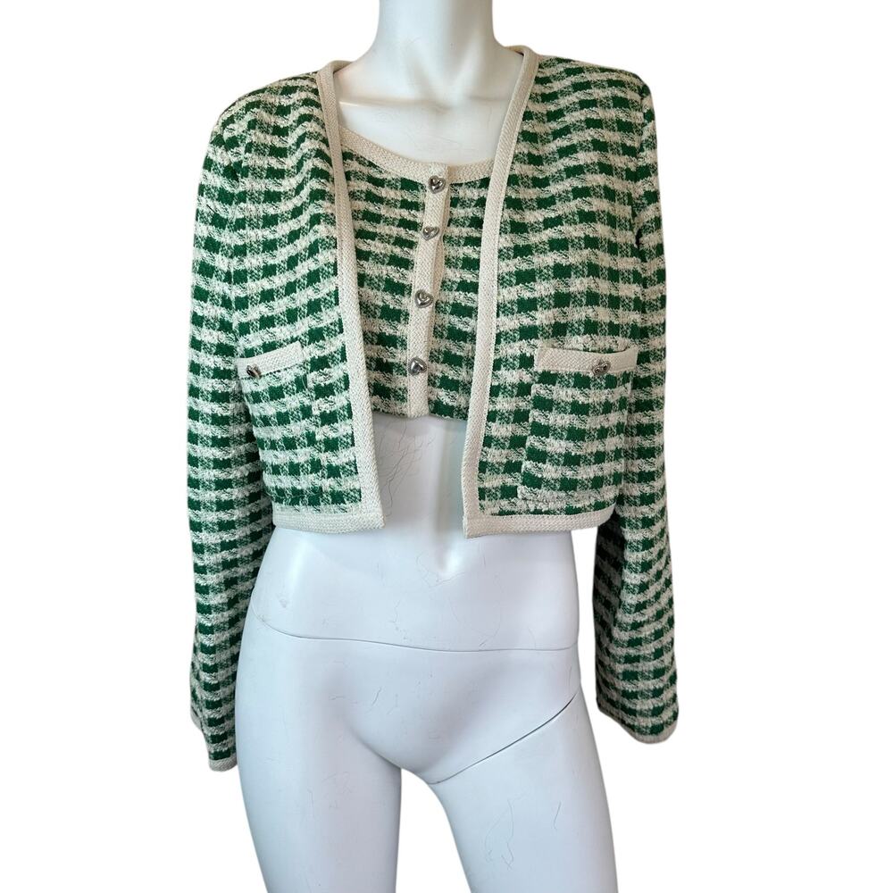Dessin Studio Green & White Sweater Tank & Cardigan Set Heart Buttons sz S/M